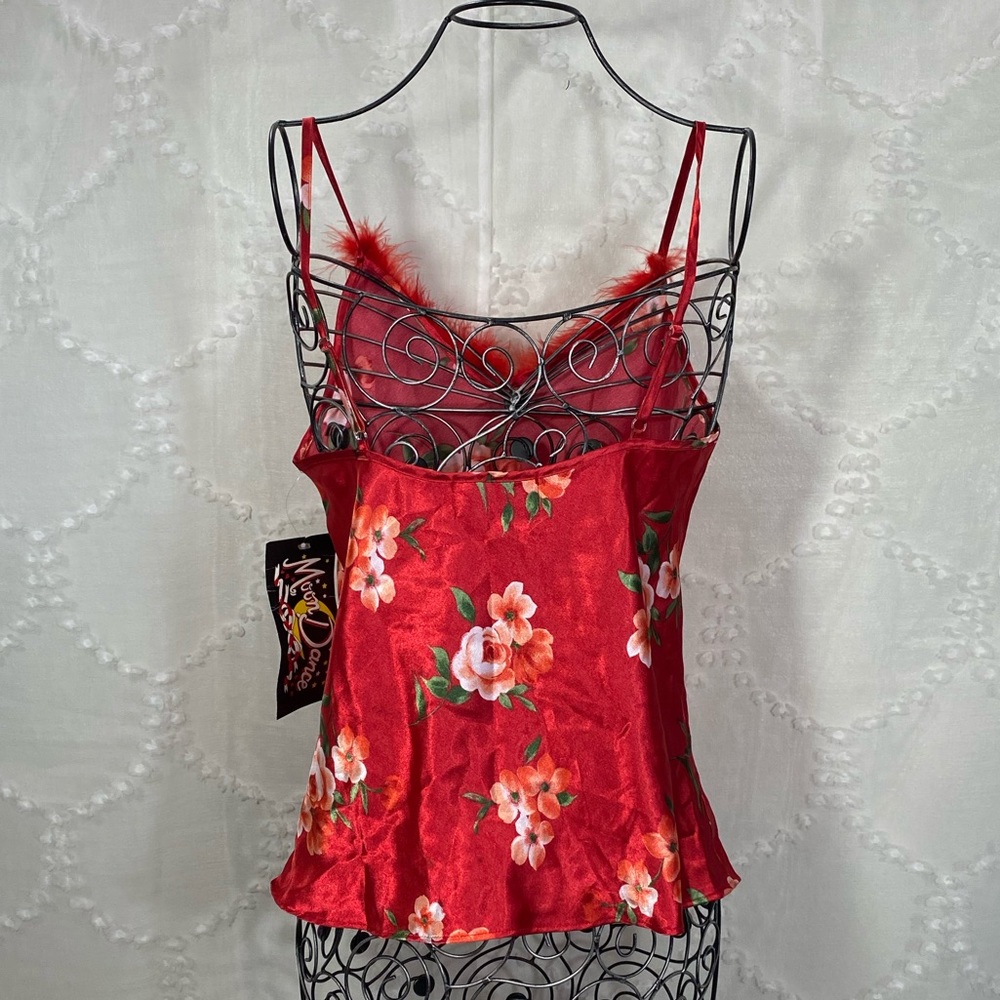 NWT Moon Dance Size M Red Floral Satin Camisole with Feather Trim - Picture 6 of 8